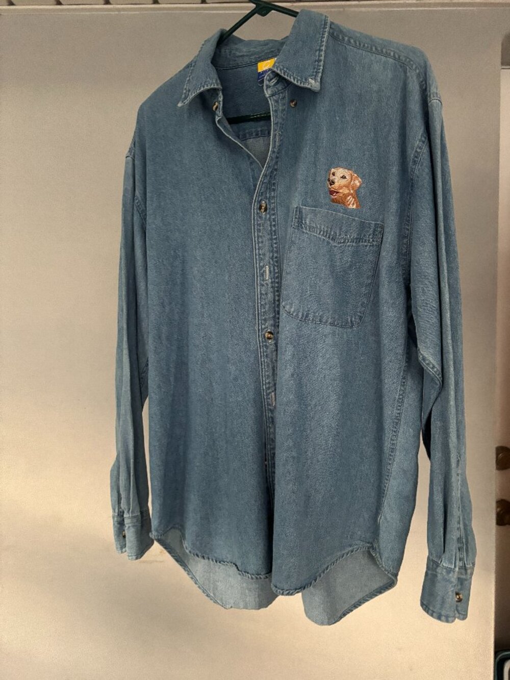 Denim Button Up with Yellow Lab Dog Embroidery Detail 100% Cotton